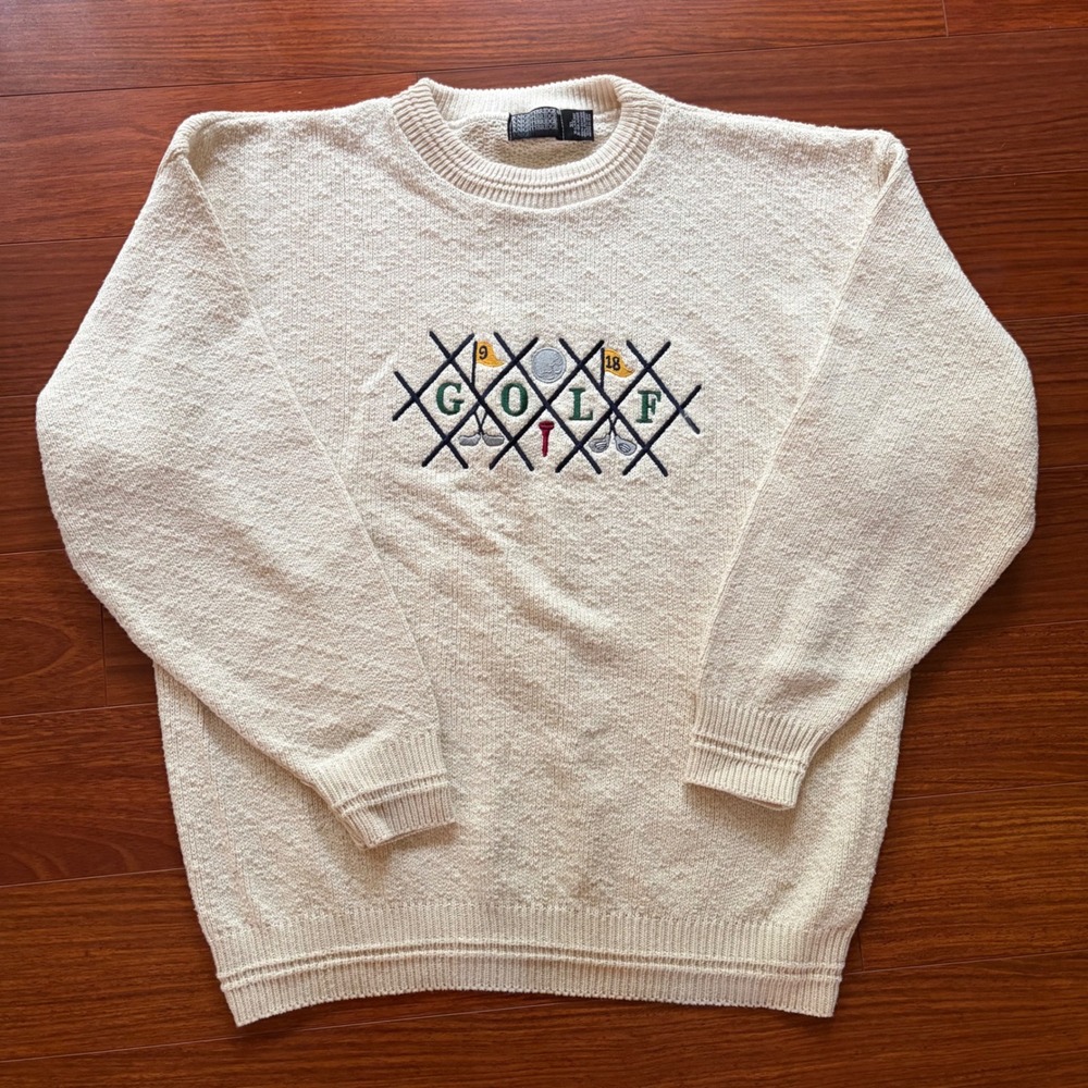 Knightsbridge Mens XL Golf Sweater Cream Textured Knit Vintage 90s USA Made